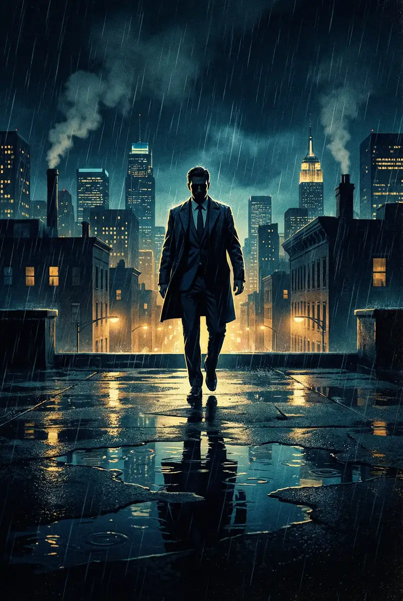 黑帮老大和我的365天 第一部完整 出品影片《雨夜独行者》海报，雨中城市屋顶男性剪影